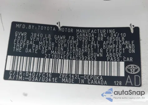 2010 Toyota Corolla Le from USA, damaged, VIN 2T1BU4EE4AC392853